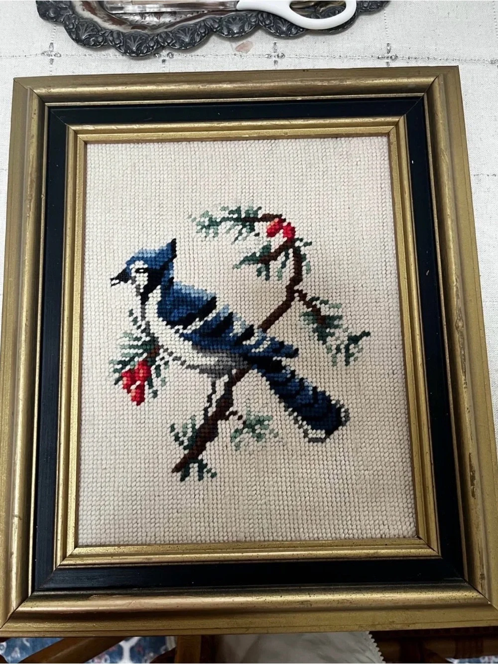 Handmade Blue Jay Cross Stitch Wall Art - Black and gold frame